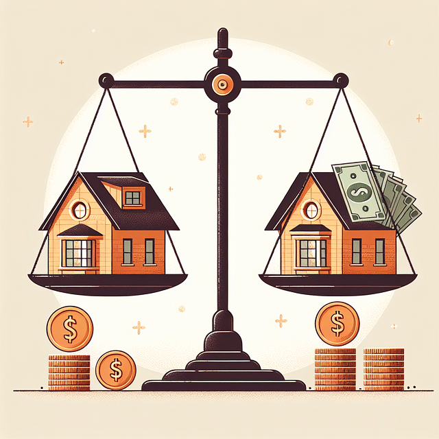 a balanced scale with a house model on one side and money on the other