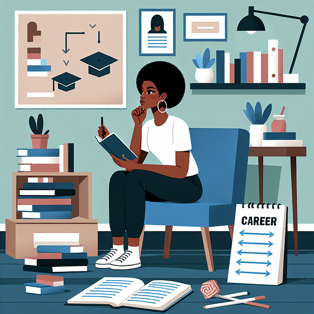 person reflecting on career goals with educational resources