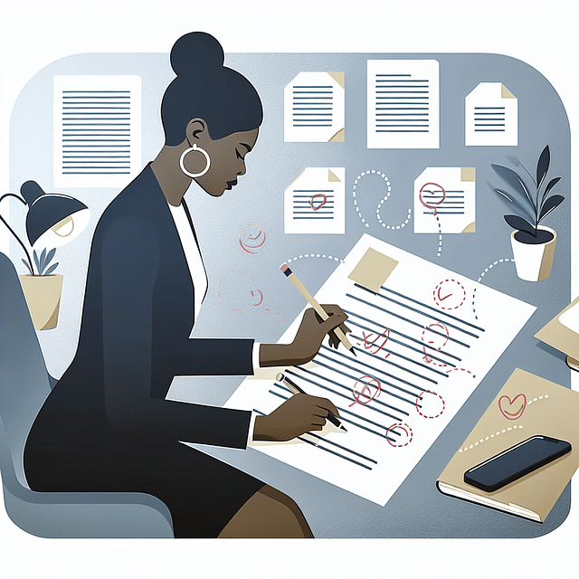 A person revising a document with notes on making adjustments