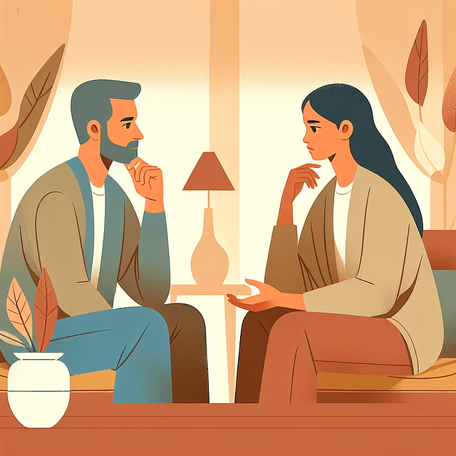 two adults having a thoughtful conversation in a calm setting