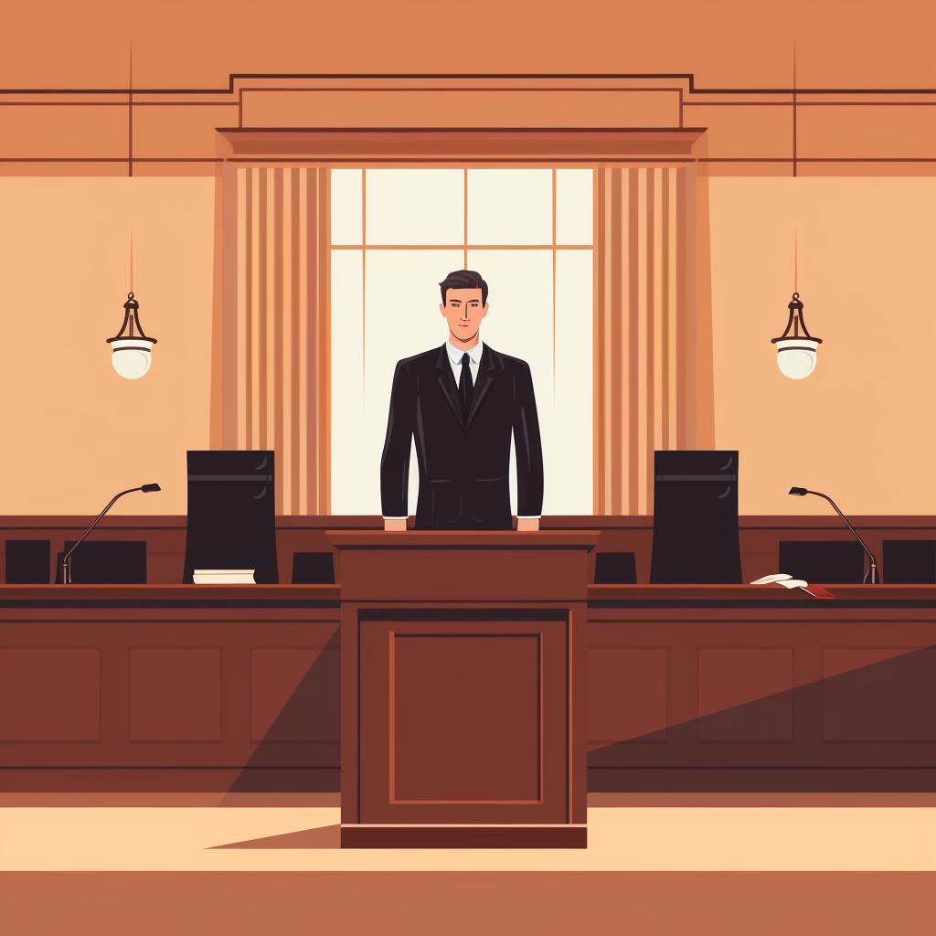 Person standing in a courtroom for a hearing