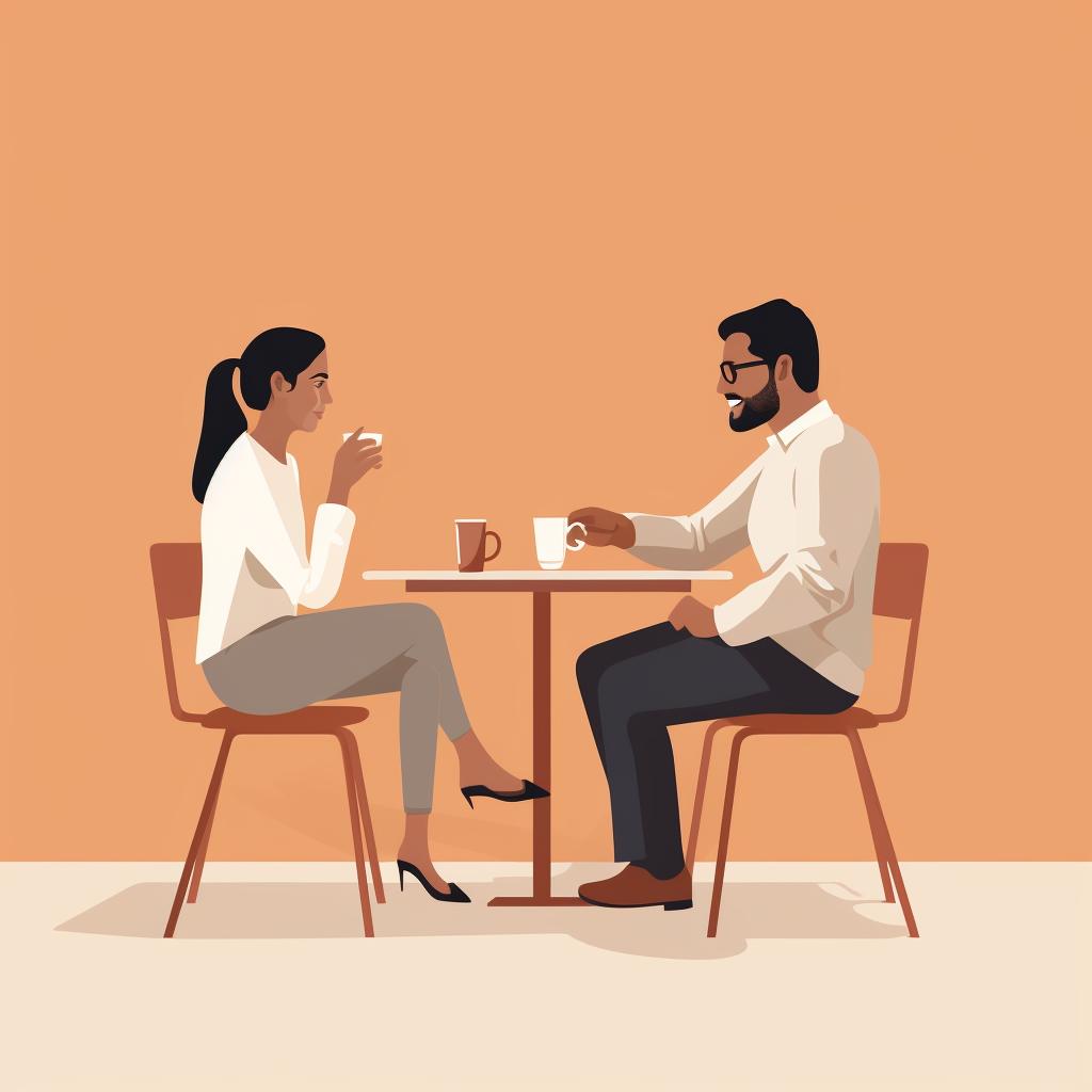 Two people sitting across a table discussing